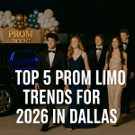 Group of teenagers stepping out of a sleek Dallas prom limo with 2026 prom decorations in the background.