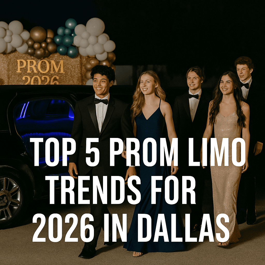 Group of teenagers stepping out of a sleek Dallas prom limo with 2026 prom decorations in the background.