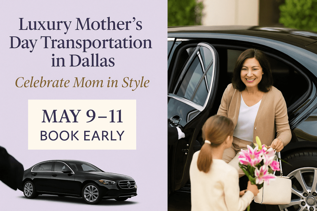 Luxury Mother’s Day transportation in Dallas featuring a mom receiving flowers beside a black sedan, perfect for weekend celebration rides