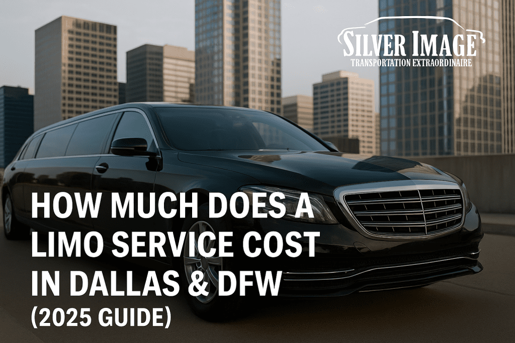 Black luxury limo parked in Dallas street – Silver Image Transportation – limo service cost Dallas