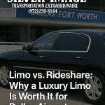 Silver Image black limousine parked at Dallas Fort Worth Airport with logo and blog title promoting airport limo service in Dallas vs. rideshare options.