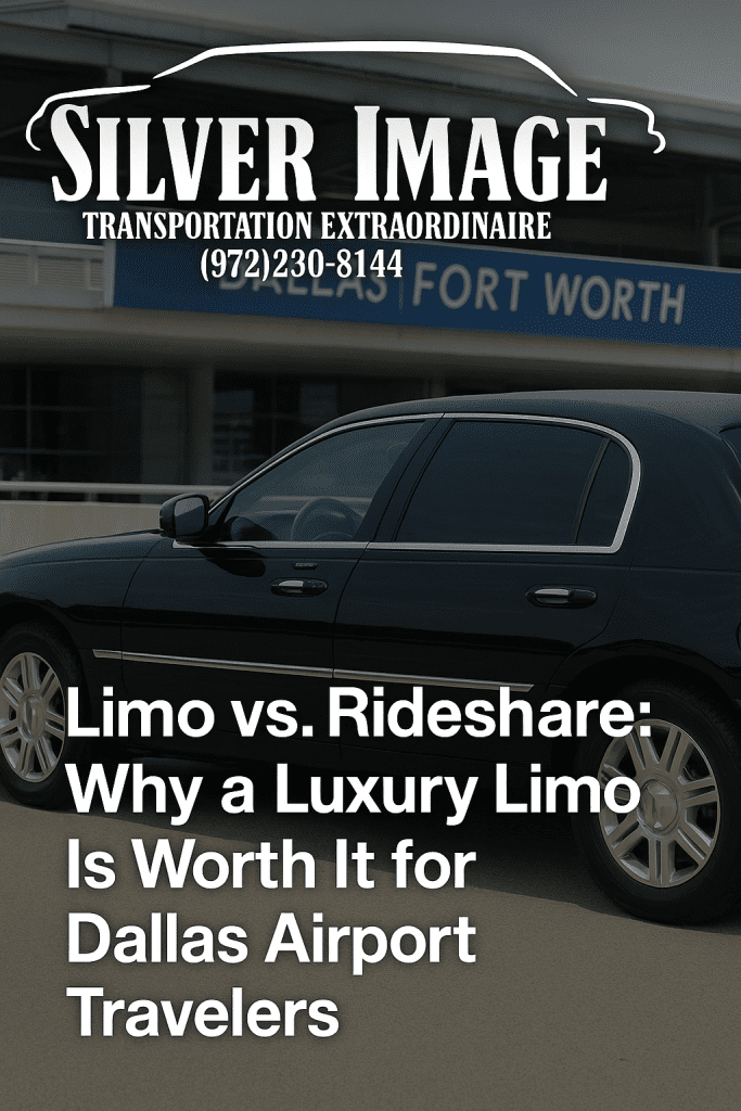 Silver Image black limousine parked at Dallas Fort Worth Airport with logo and blog title promoting airport limo service in Dallas vs. rideshare options.