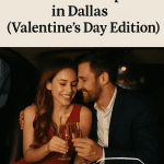 Couple in a romantic black stretch limo in Dallas, holding champagne flutes, celebrating Valentine’s Day with Silver Image Limo.