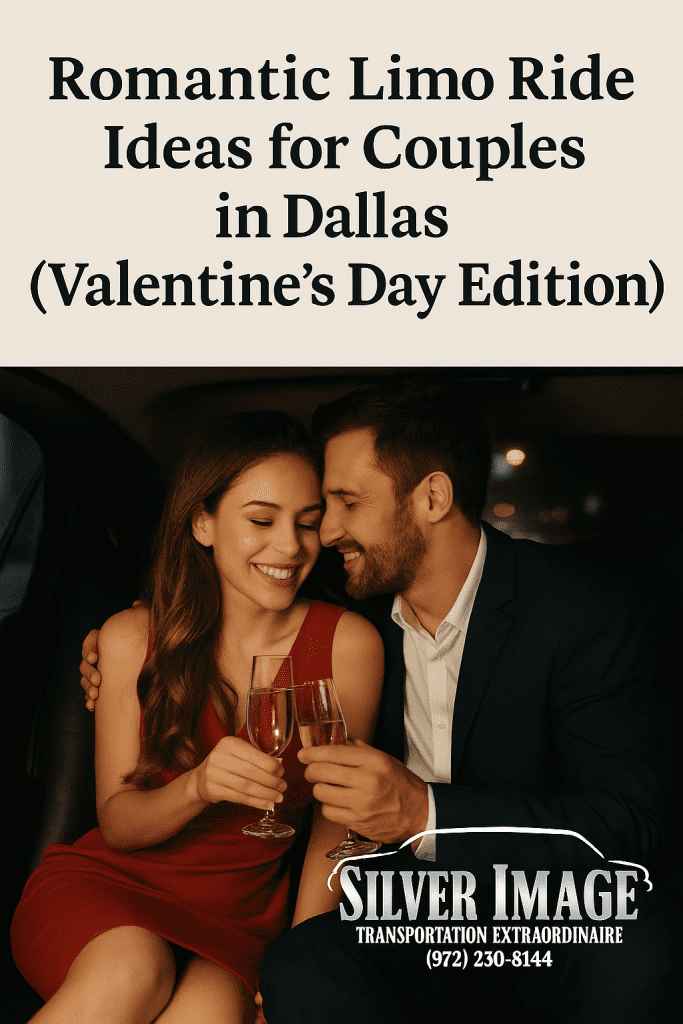 Couple in a romantic black stretch limo in Dallas, holding champagne flutes, celebrating Valentine’s Day with Silver Image Limo.