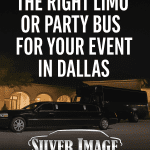 Luxury stretch limo and black party bus parked outside a Dallas event venue, showing options for how to choose the right limo for your group.