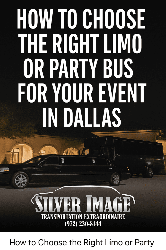 Luxury stretch limo and black party bus parked outside a Dallas event venue, showing options for how to choose the right limo for your group.