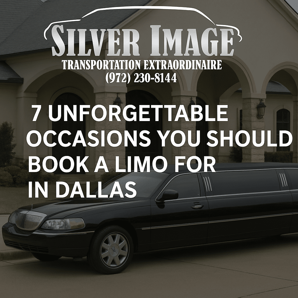 Black stretch limo outside an event venue in Dallas, promoting luxury transportation for special occasions like weddings and proms.