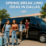 Four young adults exiting a black Sprinter in Dallas during Spring Break 2026, with clear skies and an urban backdrop.