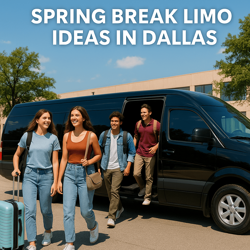 Four young adults exiting a black Sprinter in Dallas during Spring Break 2026, with clear skies and an urban backdrop.
