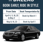 Prom transportation in Dallas with Silver Image featuring a luxury black sedan and early booking deadlines for spring 2026
